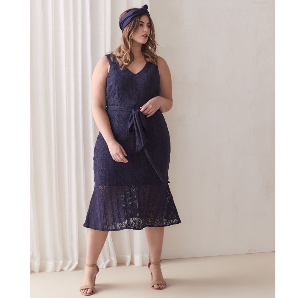 RACHEL ROY Navy Lace Fluted Hem Tie Waist Dress 20W 2X